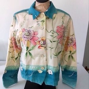 Vintage Touch O Blue Women’s Small Colorful Floral Art  Jacket Made In USA